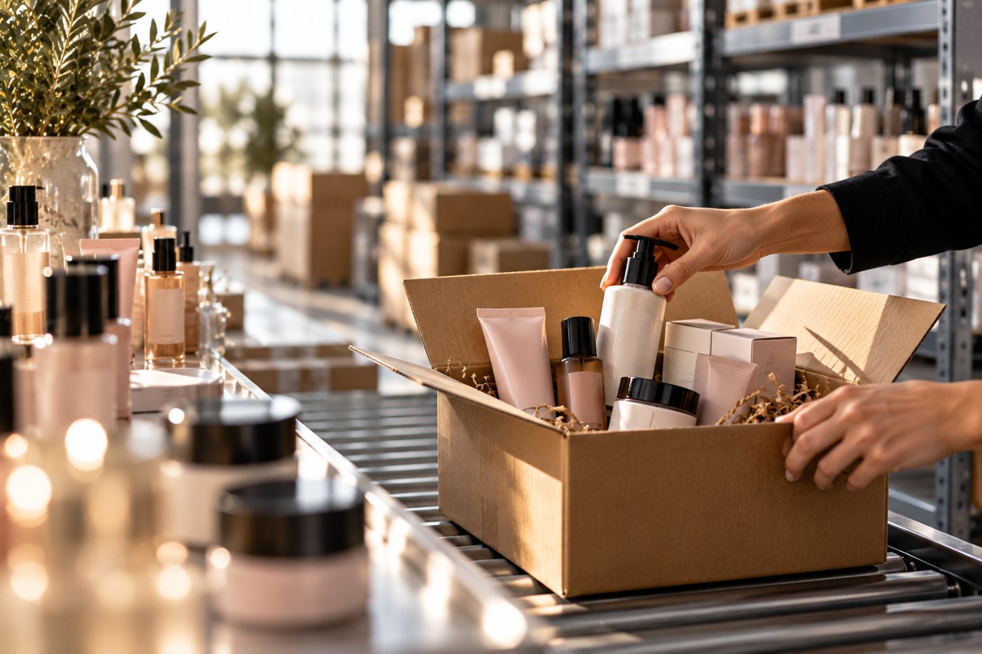 Beauty products being packed in a warehouse