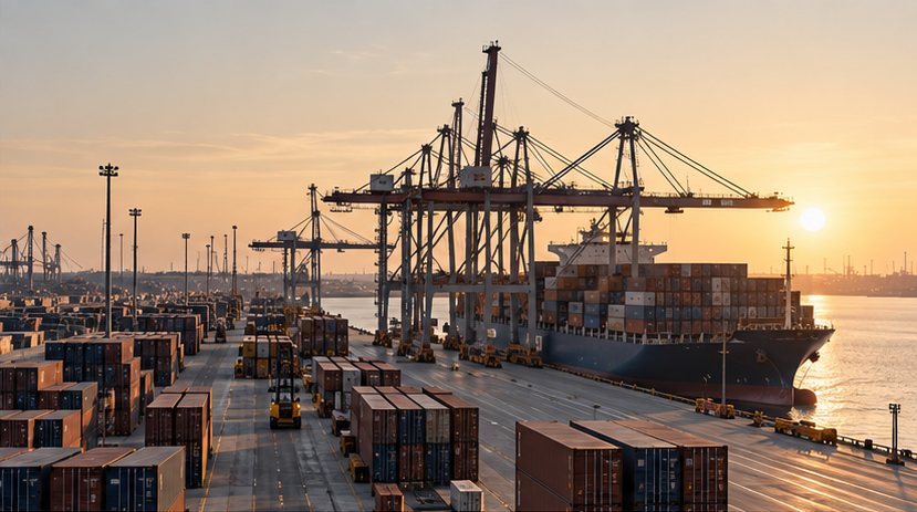 Container port at sunset