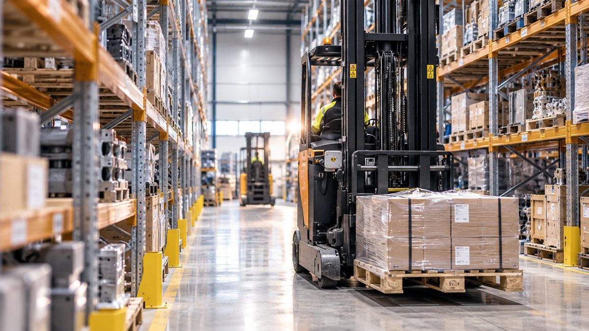 Forklift moving a pallet in a warehouse aisle