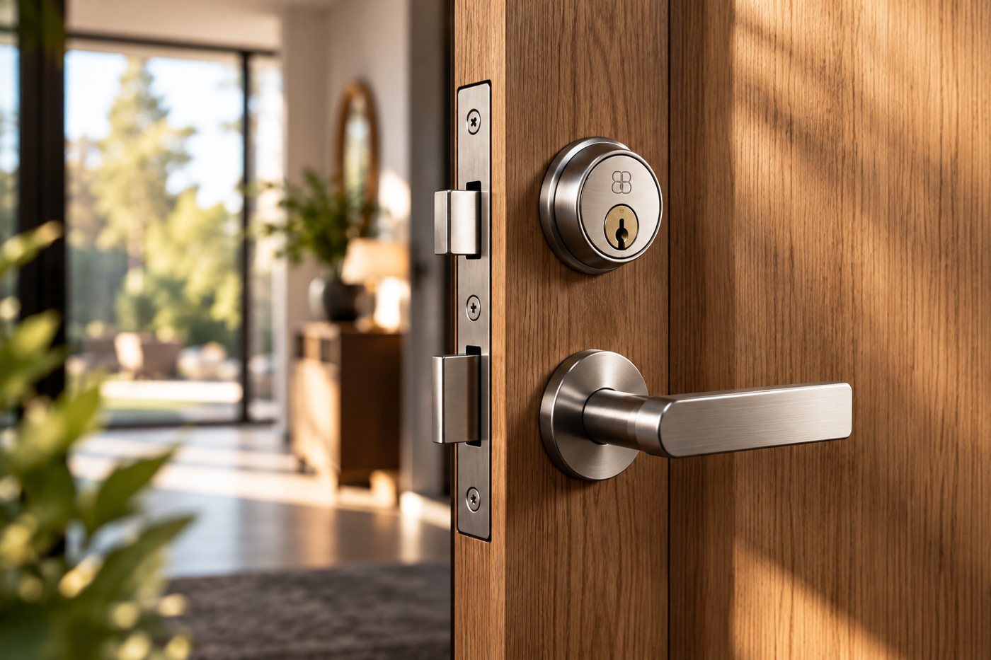 Door with a brushed steel lock and handle