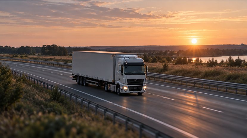 Truck on a highway at sunset