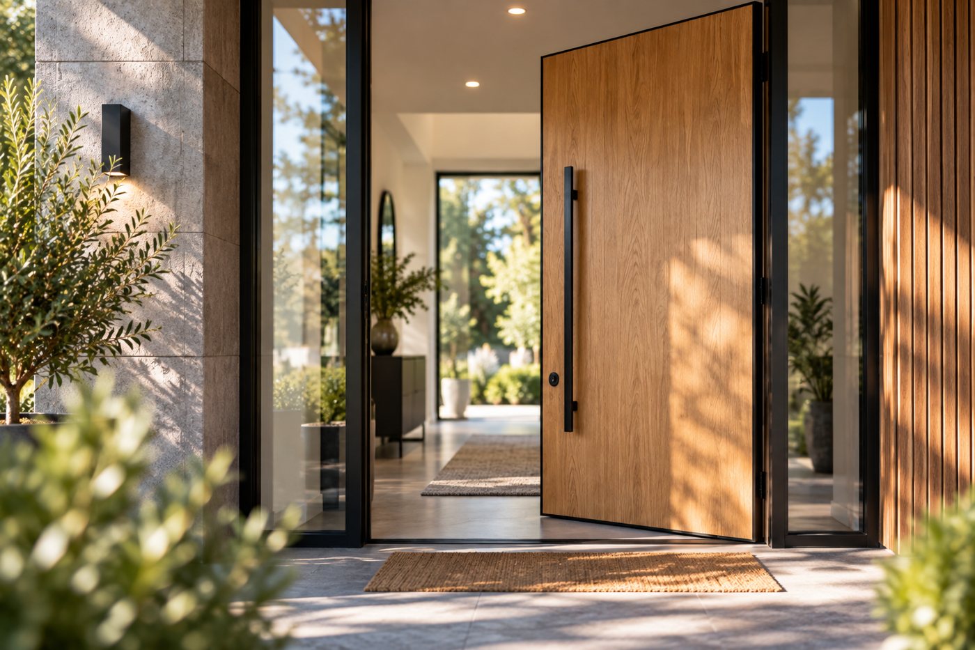 Modern entrance with an open wooden door